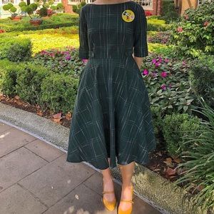 Unique Vintage Swing Dress Dark Green W/ Thin Silver Stripes Medium. Worn Once!